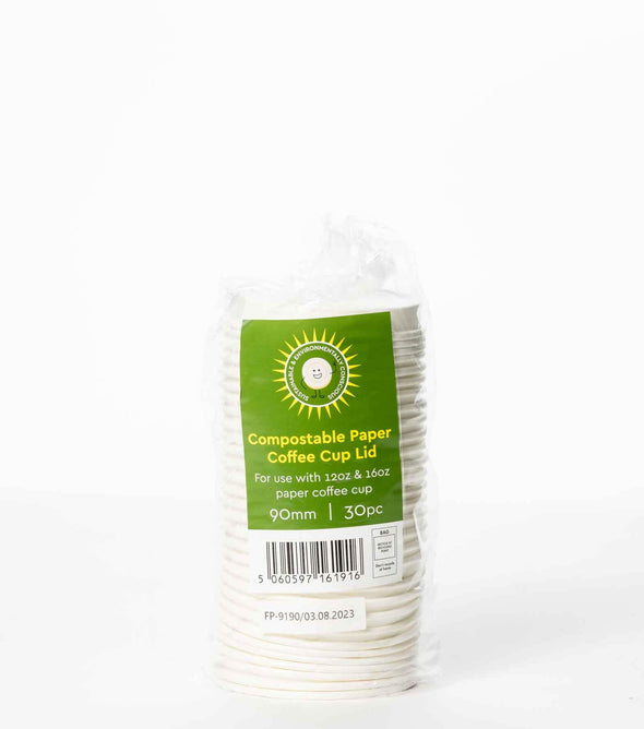 90mm Compostable Paper Lids for 12oz Hot Drinks Cups.